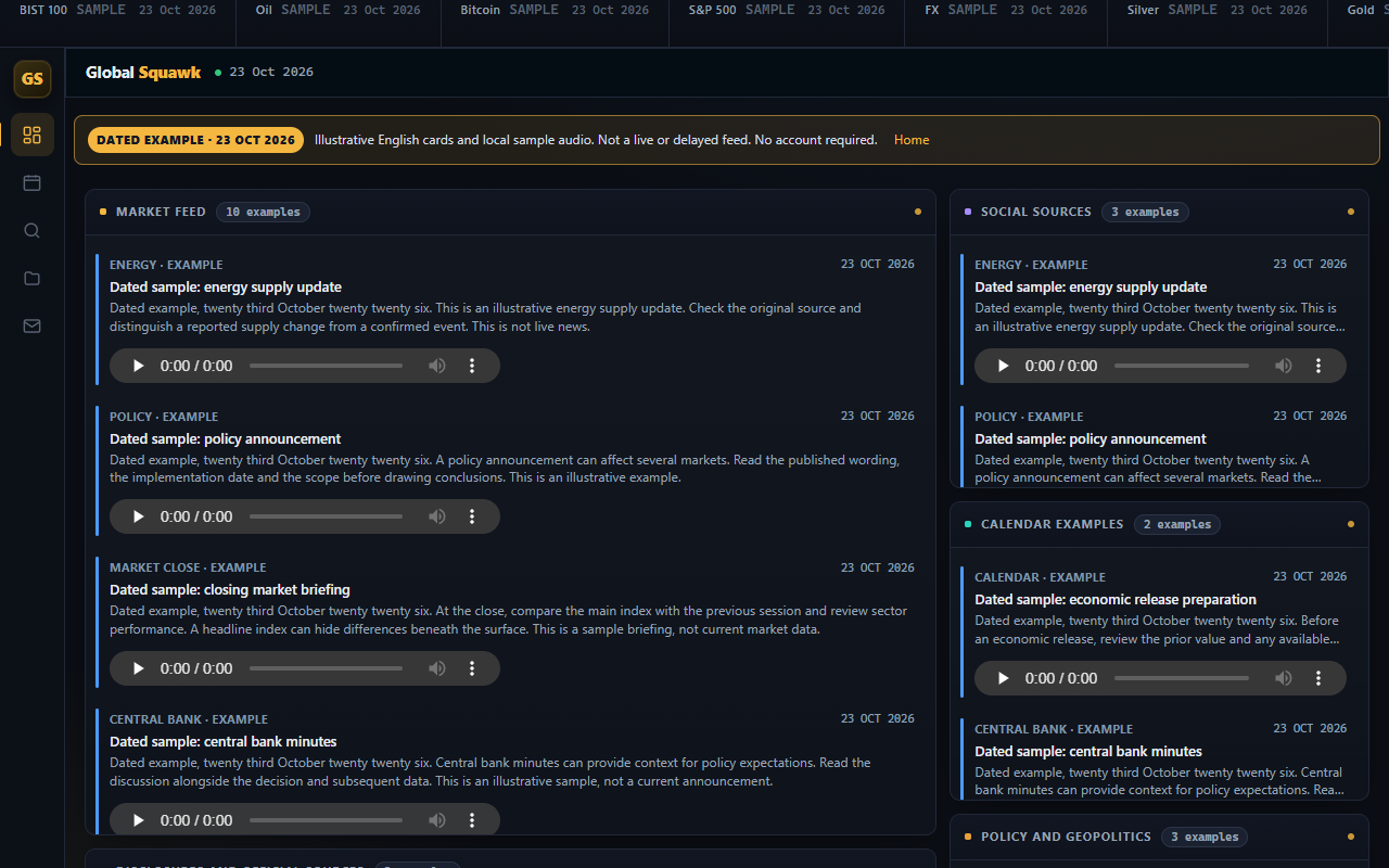 Global Squawk dated demo, 23 October 2026: price strip, main feed and social feed. Illustrative content only.